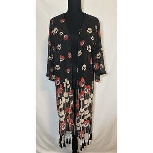 Haoduoyi‎ Fringe 3/4 Sleeve Black Floral Sheer Kimono Women's Boho MEDIUM